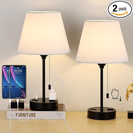 Shinoske Bedside Table Lamps Set of 2, Modern Lamps Small Desk Lamps for Bedroom, Living Room with Ivory White Barrel Fabric Shade & Metal Base,White (Dual USB & AC Ports)