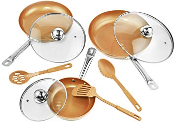 Copper Frying Pan Set with Lids and Spoons - Non-Stick Chef Pan 8,10 &12’' - Heavy Duty Temepered Glass Lids - PFOA Free Skillet, Oven & Dishwasher Safe 3 Pans 3 Lids 3 Professional Spatula & Spoon