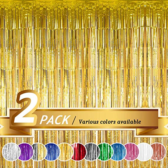 BTSD-home Gold Foil Fringe Curtain, Metallic Photo Booth Tinsel Backdrop Door Curtains for Wedding Birthday and Special Festival Decoration(2 Pack, 6ft x 8ft)
