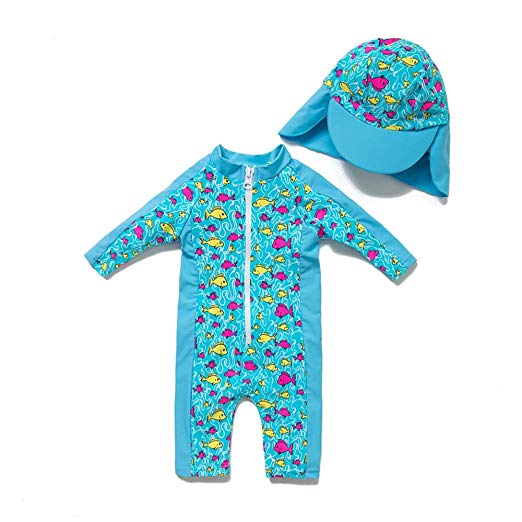upandfast Kids One Piece Zip Sunsuit with Sun Hat UPF 50  Sun Protection Baby Beach Swimsuit