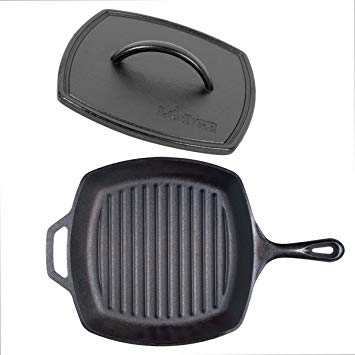 Lodge 10.5 Inch Square Cast Iron Grill Pan with Iron Flat Grill Press