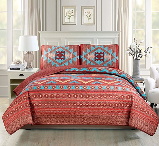 Western Southwestern Native American Tribal Navajo Design 3 Piece Multicolor Turquoise red Orange Brown Oversize Queen / Full Size Bedspread Quilt Coverlet Set (Queen)