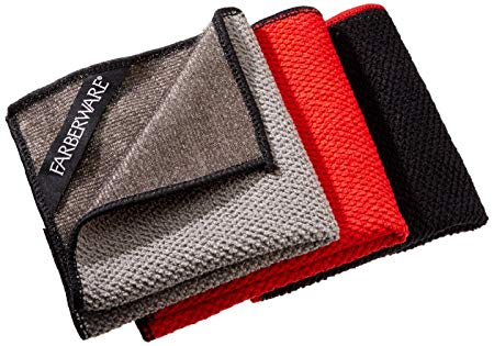 Farberware 4-in-1 Wash, Dry, Scrub, Polish Microfiber Scrubber Dish Cloths (3 Pack), 12 x 12", Red/Grey/Black