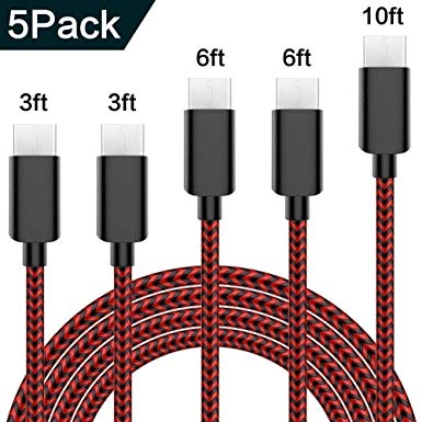 SANYEYE USB Type C Cable 5Pack (3/3/6/6/10FT) Nylon Braided Cord USB Fast Charger for Samsung Galaxy S9,Note 8,S8 Plus,LG V30 V20 G6 G5,Google Pixel,Nexus 6P 5X,Moto Z Z2 (red9)