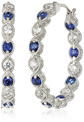 Platinum-Plated Sterling Silver Swarovski Zirconia Round Clear Blue Sapphire Inside Out Milgrain Hoop Earrings