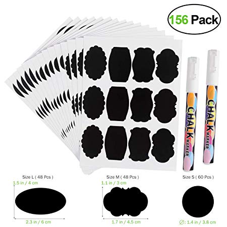 BESTONZON 156pcs Chalkboard Labels Reusable Chalkboard Stickers in 3 Sizes with 2 White Chalk Markers for Labeling Jars Home Organization