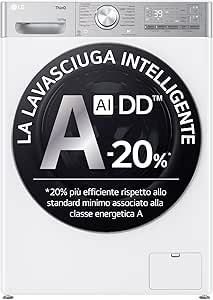 LG AI DD D4R9513TPWC Lavasciuga 13/7kg, Serie R9, Classe D, Lavatrice Asciugatrice, 1400 Giri, TurboWash 360, Vapore Steam  e Antipiega, Autodosaggio, Wi-Fi, Bianca