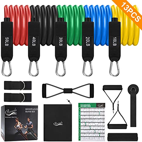 Recredo Resistance Bands Set 13pcs, Workout Bands, Exercise Bands Set with Door Anchor, Handles and Ankle Straps, Stackable Up to 150 lbs, for Resistance Training, Physical Therapy, Home Workouts