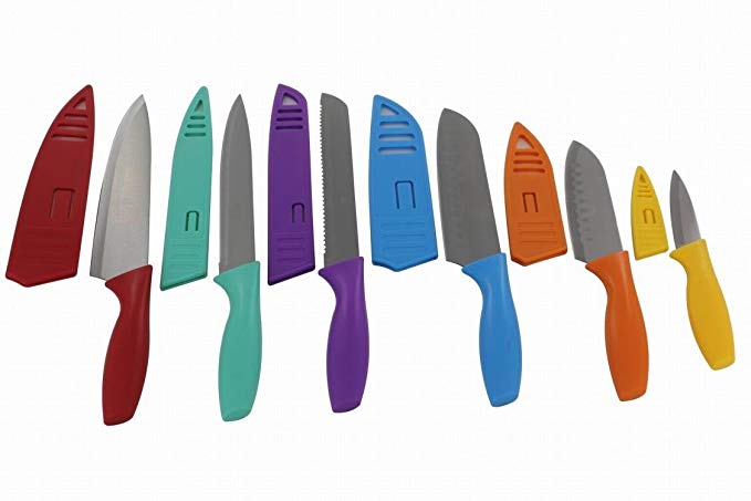 Lightahead Stainless Steel Kitchen Knife Set 6 Knives set with PP shell- Chef, Bread, Carving, Paring, and 2 Santoku Knife Cutlery Sets - Multicolor Sharp Vibrant Stylish Kitchen Knives