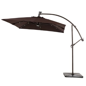 Abba Patio 8 ft Square Outdoor Solar Powered 32 LED Cantilever Patio Umbrella With Base Coffee