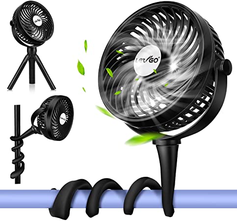 Mini Desk Fan with Adjustable Flexible Octopus Stander & Tripod, 2600mAh Battery Powered Fan USB Rechargeable, 3 Speeds & 360° Rotating & LED Light for Stroller Pushchair Bed Tent Camping