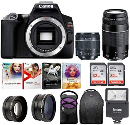 Canon EOS Rebel SL3 DSLR 4K Camera (Black) Bundle w/EF-S 18-55mm f/3.5-5.6 is II and EF 75-300mm f/4-5.6 III Double Zoom Len Kit with (2) 32GB SD Cards Advanced Travel Kit