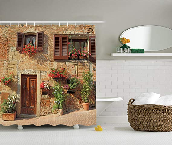 Ambesonne Tuscan Decor Collection, Mediterranean Architecture Houses and Flowers in Italian Hill Town Print, Polyester Fabric Bathroom Shower Curtain Set with Hooks, Brown Ivory