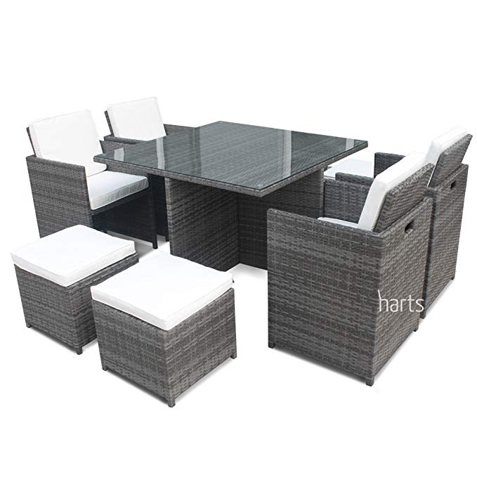 Harts Outdoor Rattan Cube set - 9 Piece Dining Set Wicker patio conservatory furniture Inc Rain Cover (Grey)