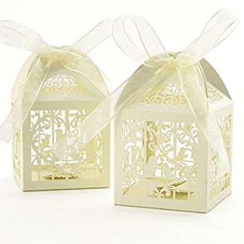 Gospire 50pcs Deluxe Party Wedding Favor Super Gift Laser Cut Pearl Paper Ribbon Candy Boxes Gift Box Bombonera Classical Bird Style (Titanium White)