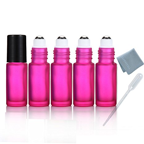 Elfenstall- 5PCS Thick 5ml(1/6oz) Roll on Glass Bottle Frosted Pink for Essential Oil Empty Aromatherapy Perfume Bottle - Refillable with Stainless Steel Roller Ball 3ml free Pipette dropper