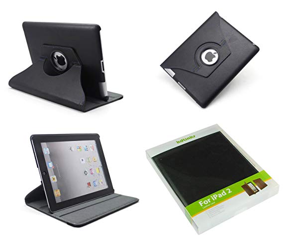 New Arrival! kdLinks Genuine Leather 360 Degrees Rotating Multi-Angle Stand Smart Cover Case for Apple iPad 2 with Wake/Sleep Capability (Black)