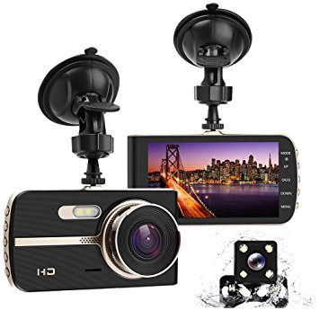 Dual Dash Cam, 4.0 HD IPS Screen, DONGKER FHD 1080P Front Cam   VGA Rear Cam, 290 Wide Angle Motion detector Dash Cam with Sony CMOS chip, HDR, G-Sensor, Parking Monitor, Night Vision
