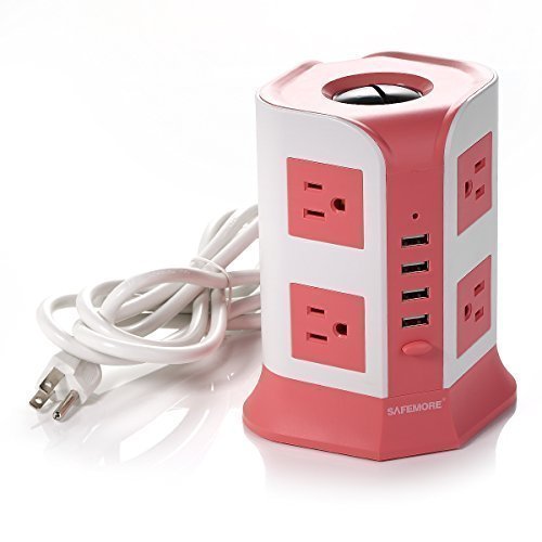 Safemore Smart 8-Outlet with 4-USB Output Power Strip (Pink and White)