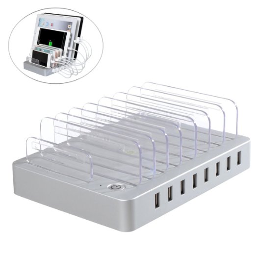 Charging Station,Likisme Detachable Multi USB Charging Dock[96W 8-Port USB Charging Station],Universal Desktop Tablet Phone Charging Station Stand Organizer for USB Charged Devices,Ipad,Kindle(Silver)
