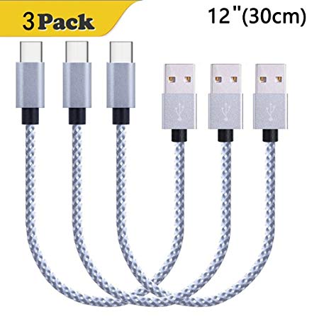 USB Type C Cable, 3Pack 12 inches Short Nylon Braided Cord Lightning Cable USB Type A to C Charger for Macbook, LG G6 V20 G5,Google Pixel, Nexus 6P, Nintendo Switch, Samsung Galaxy S8  (Silver)