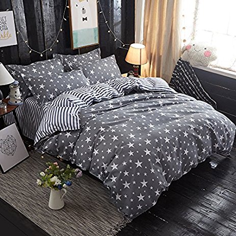 Bedding Duvet Cover Sets 3-pieces Full/Queen Size Microfiber, White And Grey Stars Stripes Prints Floral Patterns Design,Without Comforter (Full/Queen, (1Duvet Cover 2Pillowcases)#05)
