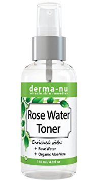 All Natural Rose Water Facial Toner by Derma-nu - Enriched with Organic Aloe Vera - Best Facial Mist for Sensitive Skin - Pore Minimizer & Skin Hydrator - Gentle Face Spray - 4oz