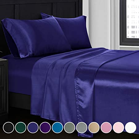 Homiest 3pcs Satin Sheets Set Luxury Silky Satin Bedding Set with Deep Pocket, 1 Fitted Sheet   1 Flat Sheet   2 Pillowcases (Twin Size, Navy Blue)