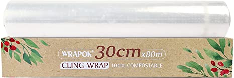 WRAPOK 100% Compostable Cling Wrap Biodegradable Kitchen Food Film Roll Eco Friendly Accessory - 258 Sq Ft