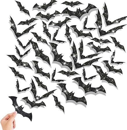 CCINEE 144pcs Halloween Bat Wall Decor,3D Black Glitter Bats Wall Stickers Decal for Halloween Home Decoration Party Supply