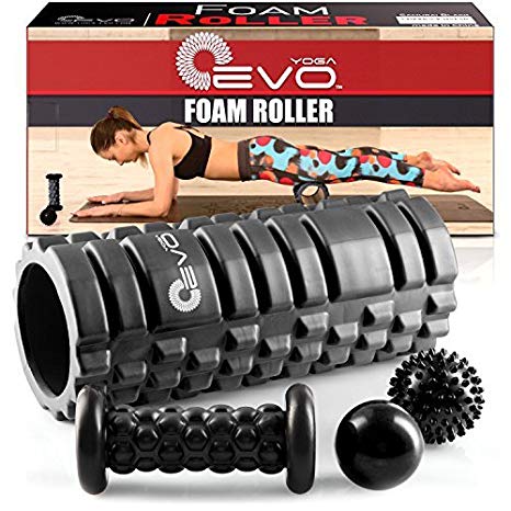 Yoga EVO Foam Roller Bundle - 2 Massage Balls and Foot Massager Stick - 13’’ Textured High Density Roller