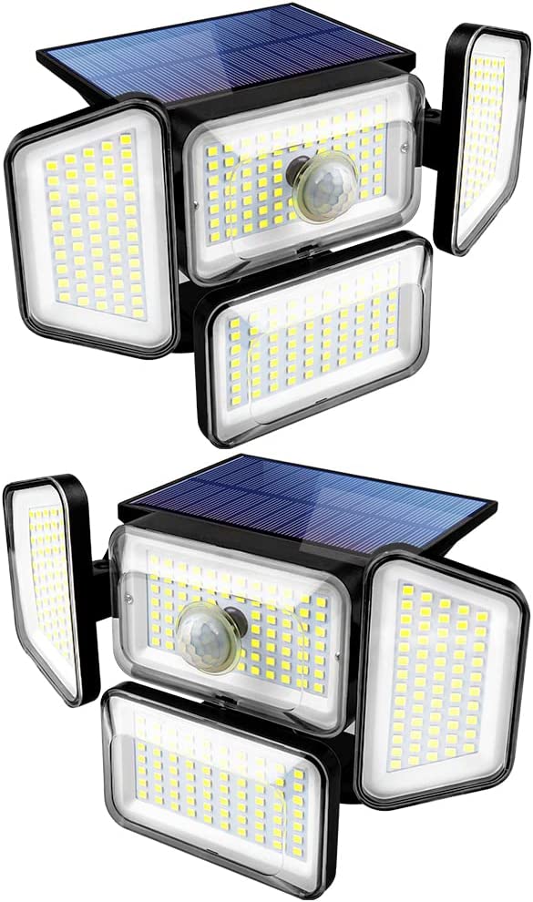 2 Pack Solar Outdoor Lights ,268 LED 3000LM Flood Lights Outdoor,IP65 Waterproof 330°Wide Angle 4 Heads 3 Modes 6500K Solar Motion Lights Outdoor for Patio Garage Door Driveway