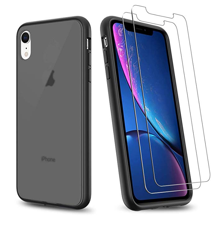UNIWILAND 2-in-1 iPhone XR Case with 2 Packs Screen Protector, Matte Black Clear Back Drop Protection Frosted Case & HD Tempered Glass Screen Protector for iPhone XR (Black)