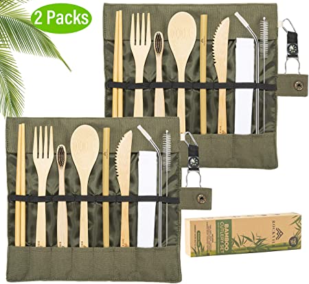 Bamboo Utensil Set Eco-Friendly Reusable Bamboo utensils Wooden Silverware Bamboo Cutlery Set Camping Outdoor Portable Utensils with Case Spoon, Fork, Knife, Chopsticks, Reusable Straw (Green 2)