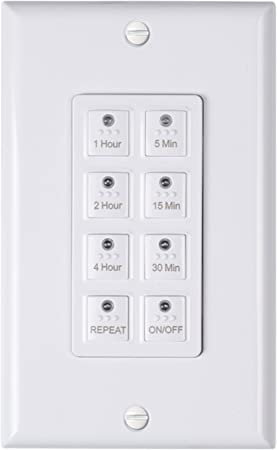 BN-LINK Countdown Digital In-wall Timer Switch 5-15-30-60mins, 2-4hours,For bathroom fan,In-wall light timer, Neutral Required, Free Wall Plate, white,