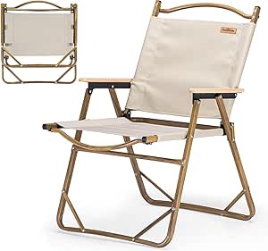 Naturehike Large Camping Chair Portable, Folding Camping Beach Chair, Aluminum Outdoor Kermit Chair with Solid Wood Armrest, Portable Fishing Chair for Hiking Lawn Picnic, Supports 330 Lbs - Khaki