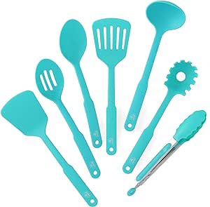 GreenLife Cooking Tools and Utensils, 7 Piece Nylon Set including Spatulas Turner Spoons and Tongs, Dishwasher Safe, Caribbean Blue