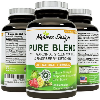 Pure Garcinia Cambogia Green Coffee Bean and Raspberry Ketones Complex  Green Tea - Highest Grade Pure Blend Quality and Premium Formula - Doctor Recommended Dosages Guaranteed By Natures Design