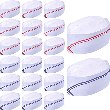40 PCS Driver Cap Chef Soda Jerks Hat Disposable Paper Chef Hat Ice Cream Hat for Theme Restaurant Party Hats with Red or Blue Strip