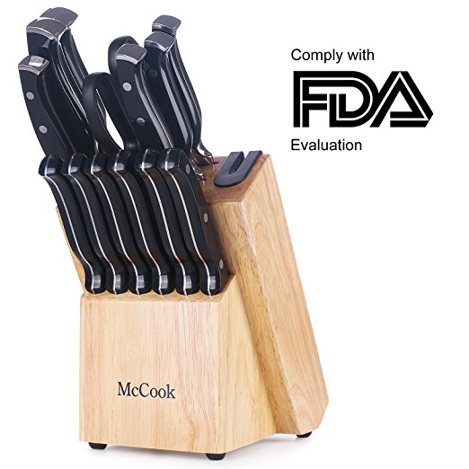 McCook MC26 14 Pieces FDA Certified High Carbon Stainless Steel kitchen knife set with Wooden Block, All-purpose Kitchen Scissors and Built-in Sharpener(Black)