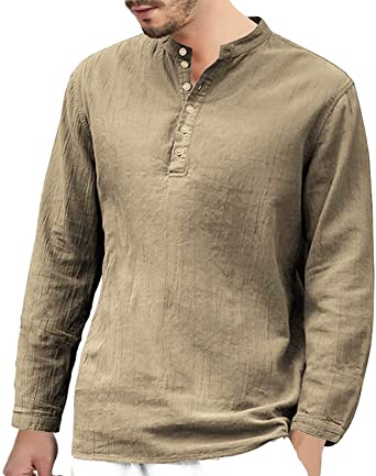 Halfword Mens Cotton Linen Henley Shirt - Long Sleeve Grandad Collarless Casual Summer Tops T-Shirt