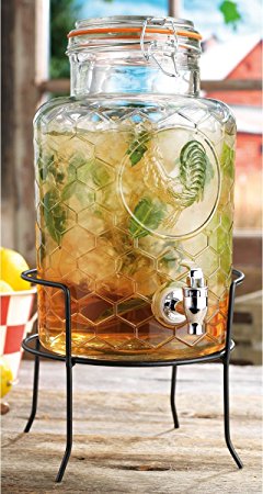 Palais Glassware Clear Glass 'Rooster' Beverage Dispenser with Bail & Trigger Locking Lid - 1.5 Gallon - With Metal Stand