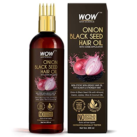 WOW Skin Science Onion Black Seed Hair Oil - WITH COMB APPLICATOR - Controls Hair Fall - NO Mineral Oil, Silicones, Cooking Oil & Synthetic Fragrance - 200mL