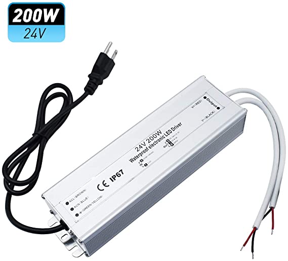 LightingWill Waterproof IP67 LED Power Supply Driver Transformer 200W 110V AC to 24V DC Low Voltage Output with 3-Prong Plug 3.3 Feet Cable for Outdoor Use