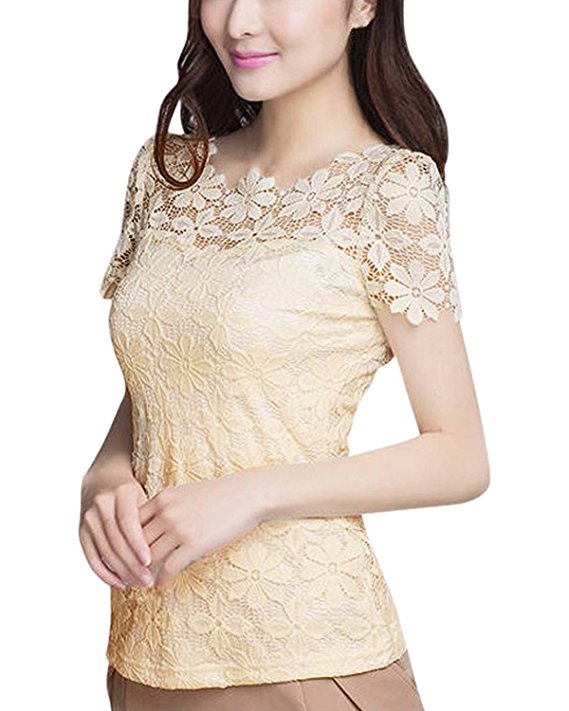 ZANZEA Women Lace Casual Short Sleeve Sexy Round Neck Elegant Tops Blouses Tee T-shirt Shirt