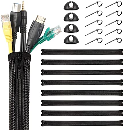 Yecaye 8 Pack Cable Management Sleeve, 19.7 inch Wire Cover with Zipper, Cord Sleeves, Flexible Cable Wrap, Cord Management System for TV, Computer, Office, Home