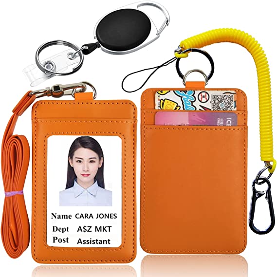 Lucstar Leather ID Badge Holder with Retractable Reel Clip Lanyard, Spring Coil Keychain Heavy Duty, ID Card Holder Vertical for Women Men Students Nurse Office ID Tag Gift( Orange)