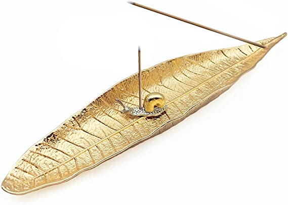 EQLEF Leaf Incense Holder Ash Catcher, Natural World Long Incense Burner with Snail Incense Stick Holder Home Decor Accessories (Gold)