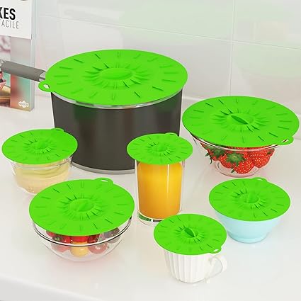 7 Pack Silicone Lids, Microwave Splatter Cover, 5 Sizes Reusable Heat Resistant Food Suction Lids fits Cups, Bowls, Plates, Pots, Pans, Skillets, Stove Top, Oven, Fridge BPA Free(Green)