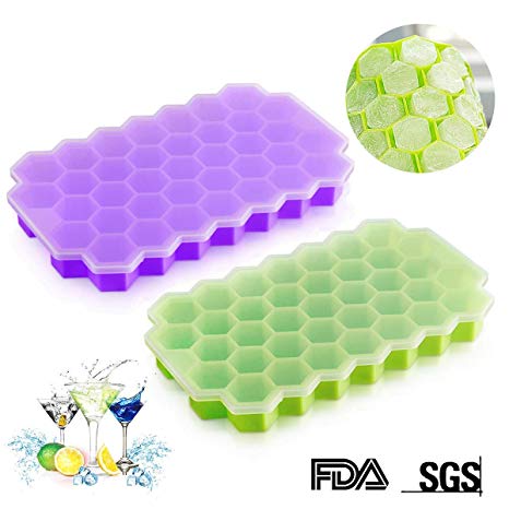 Ice Cube Trays Silicone DaCool Ice Mold with Lids 2 Packs 74 Cubes Totally Easy-Release Flexible Spill-Resistant Stackable Durable BPA Free Stackable Durable and Dishwasher Safe - Green & Purple